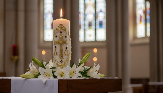 Elegant lit Paschal candle with white lilies on an altar in a sacred church setting for an Easter religious service concept