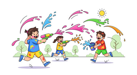 Naklejka premium Happy Kids Splashing Holi Colors With Pichkaris