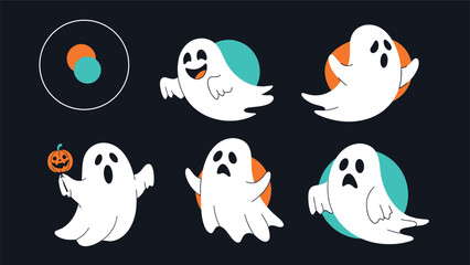 Obraz premium Collection of six cute cartoon ghosts in various playful poses and expressions on a dark blue background for halloween.