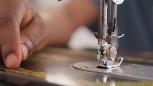 Closeup needle plate hands guiding fabric and threading stitch, presser foot in motion, focused tailor at home, quick precise hemming, busy domestic chore with skilled manual rhythm