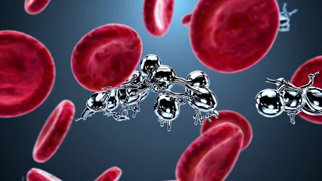 Microscopic View Of Blood Components. Detailed Visualization Of Blood Cells And Nanoparticles. Closeup Of Blood Cells Interacting With Metallic Nanoparticles Under Scientific Lighting