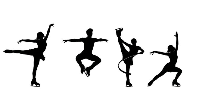 Four ice skaters in different poses on white background