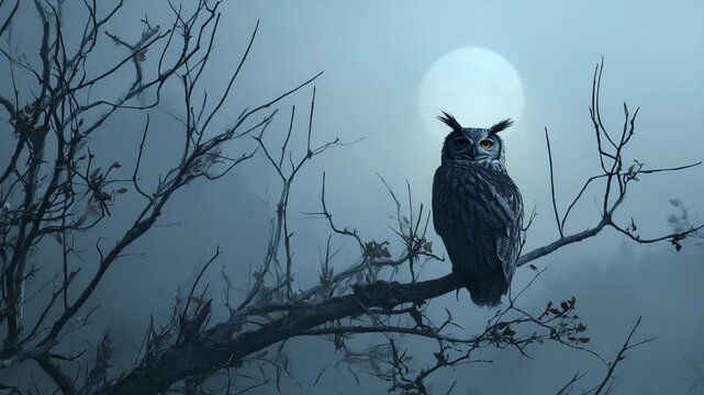 Owl Sitting on Bare Tree Branch in Moonlight Atmospheric Night Wildlife Cinematic Scene