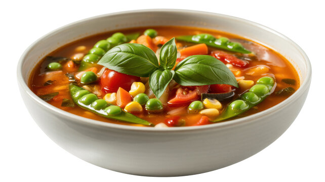 Bowl of vegetable soup with basil food healthy isolated on a transparent background