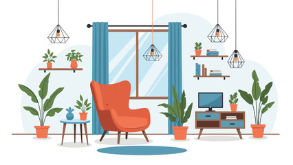 Obraz premium Modern and bright living room interior featuring a large orange armchair, blue curtains, and multiple potted green plants.
