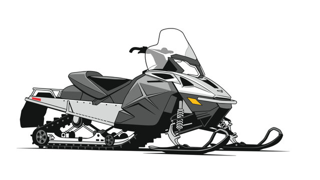 Detailed illustration of a high-performance modern snowmobile in grey and black tones designed for winter sport and transportation.