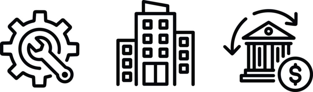 Gear with wrench icon set, office building and bank with dollar coin for industrial maintenance and finance