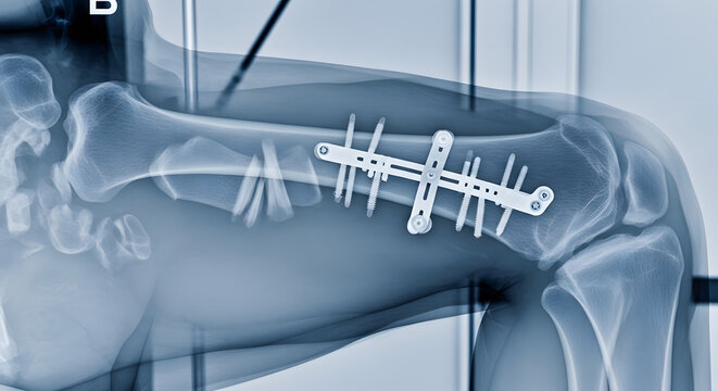X-ray of femur fracture with surgical plate and screws internal fixation