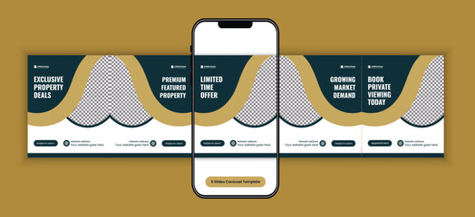 Modern real estate property investment social media carousel template, corporate business campaign design for real estate agency marketing, and premium housing campaign