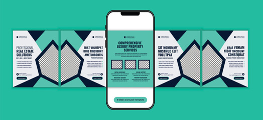 Modern real estate property investment social media carousel template, corporate business campaign design for real estate agency marketing, and premium housing campaign