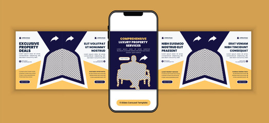 Modern real estate property investment social media carousel template, corporate business campaign design for real estate agency marketing, and premium housing campaign