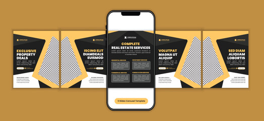 Modern real estate property investment social media carousel template, corporate business campaign design for real estate agency marketing, and premium housing campaign