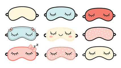 Selection of cute sleeping masks with different colors and patterns like dots and bows for rest and relaxation.