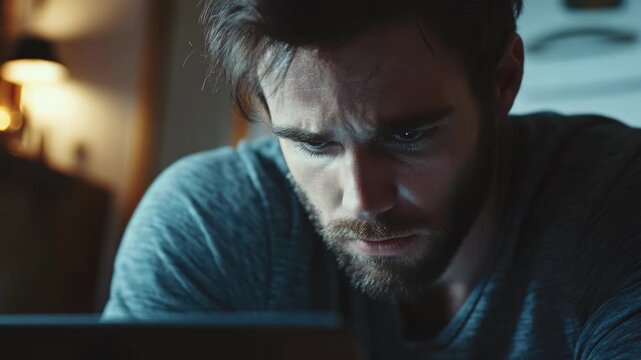 Man deeply focused on laptop screen, possibly dealing with complex problems or facing long hours of screen time.