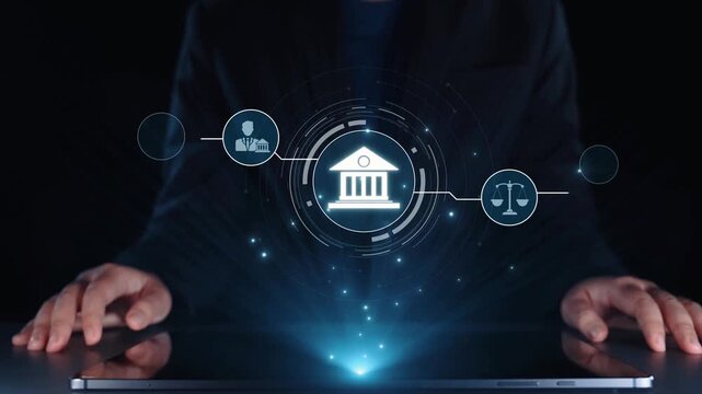 Futuristic digital law interface displaying justice scale, highlighting digital law, AI compliance, digital law systems, and digital law regulations for secure governance. Elide