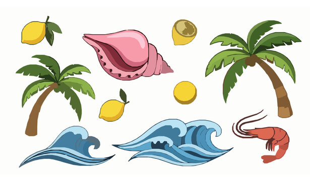 Whimsical Tropical Beach Doodle Illustration Set with Conch Shell Palm Trees Ocean Waves Sun and Shrimp