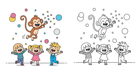Happy cartoon children playing with a cute monkey jumping in the air, funny vector illustration © MstSangita
