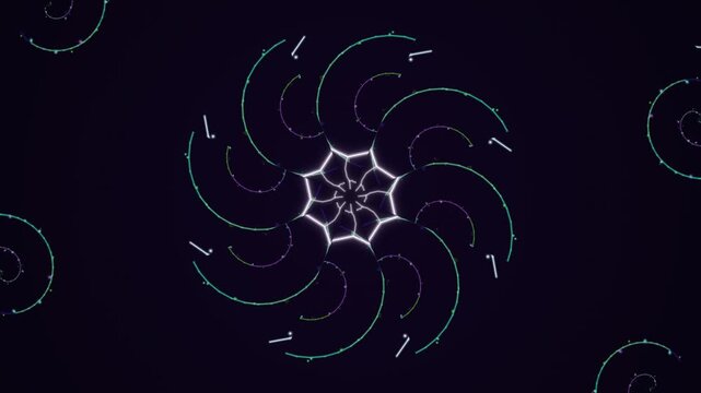 Abstract Floral Spiral Motion Graphic Background with Glowing Neon Curved Lines on Dark Backdrop