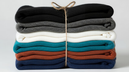Vibrant folded sweaters in assorted colors neatly stacked and tied