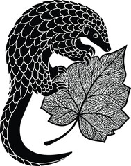 Intricate pangolin with textured leaf in monochrome drawing vector art