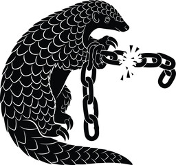 Wild pangolin breaking metal chain symbolizing freedom simple vector art