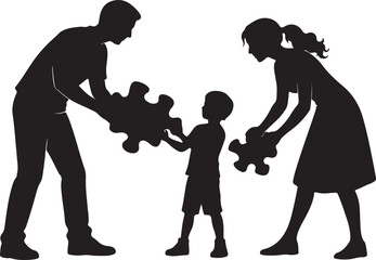 Parents and Child With Puzzle Pieces Autism Support Family Silhouette Illustration