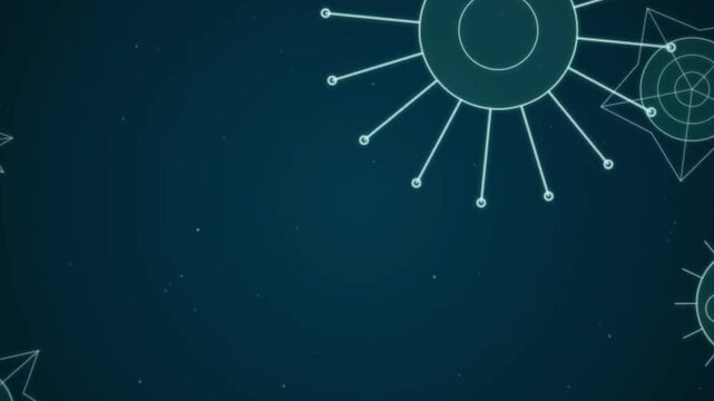 Abstract Geometric Space Animation with Stylized Star and Sun Shapes Floating on Dark Blue Background
