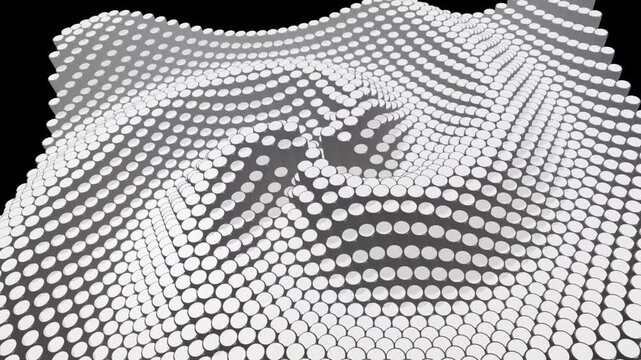 Abstract digital wave pattern formed by numerous white dots on a dark background, an undulating conceptual surface illustration.