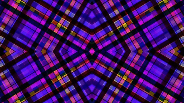 Abstract Symmetrical Geometric Background with Purple and Blue Plaid Pattern and Glowing Overlays