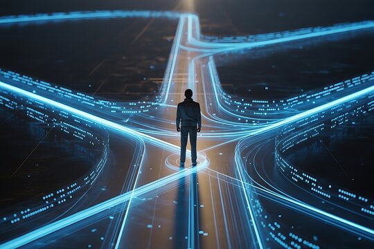 Man standing at crossroads of glowing blue digital pathways