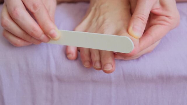 A woman polishing her nails at home. Filing toenails close-up. Home pedicure, no face visible.