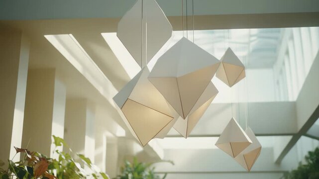Abstract geometric pendant lighting artfully suspended in a minimalist interior space, complementing architectural lines and natural plants, creating a bright and clean ambiance