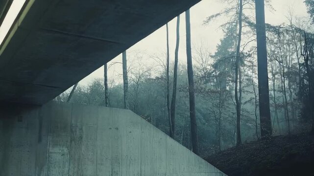 Brutalist concrete facade meeting a misty forest edge, forming a stark, moody liminal space of geometric angles, textured surfaces and quiet, mysterious atmosphere