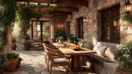 Rustic kitchen table with a candle, dried floral arrangement, and ceramic dishes in soft morning sunlight, cozy and welcoming mood, photorealistic.