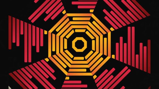 Abstract Geometric Motion Graphic Background with Rotating Octagon Shapes and Red Orange Audio Spectrum