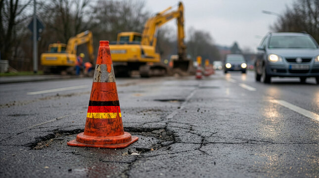 Bagger, Stra&szlig;enarbeiten und ein Kegel mit deutscher Flagge als Symbol f&uuml;r die marode, deutsche Infrastruktur