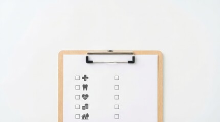 Employee benefits enrollment checklist clipboard form with icons, clean document background and large copy space for HR policy plan insurance selection