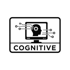 Vector illustration icon cognitive technology concept with computer monitor and human head silhouette