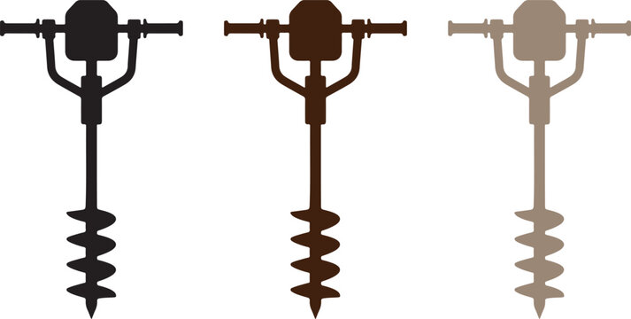 Set of three earth auger icons in different colors representing drilling tools for gardening construction and ground fence post hole digging