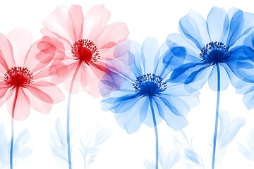 Obraz premium Delicate Floral Art with Soft Red and Blue Flowers Against a White Background