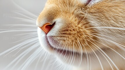 Macro close up of ginger cat's nose, whiskers and mouth breathing, highlighting the intricate details of feline anatomy and sensory perception