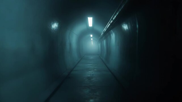 Dark futuristic underground tunnel featuring a long, mysterious path with fluorescent lights on the ceiling, creating a moody, dramatic, and foreboding atmosphere