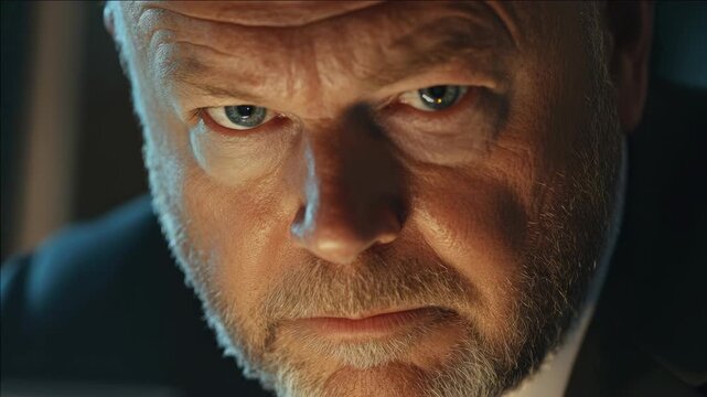 An intense, close-up portrait of a man with a dramatic expression.