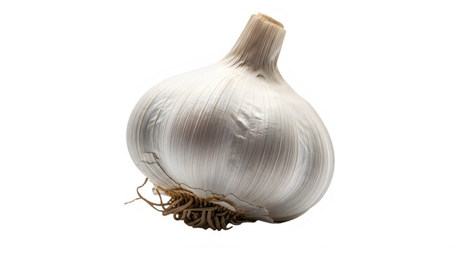 A whole bulb of garlic with roots and papery skin on transparent background transparent background