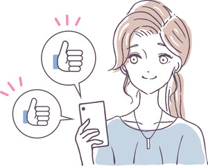 インフルエンサーの女性　SNS いいね　通知が止まらない　ベクターイラスト素材