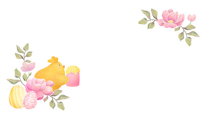 watercolor Easter greeting card template. spring illustration with easter eggs, chicken, flowers on transparent background with copy space. cute frame for horizontal banner, postcard, invitation © Kisandaya