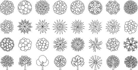 Vector illustration of thirty five tree symbols arranged in grid, showing top-down canopy views and elevation silhouettes for design