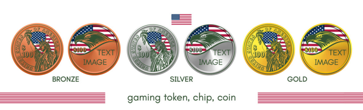 Vector set of front and back of gaming token, chip or coin. 100 dollars denomination. Gold, silver and bronze. Sample, text or image. Engraving depicting statue. Eagle. Flag of United States