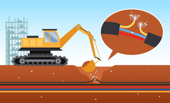 The excavator accidentally damaged the underground cable until broke vector illustration, Cutting Underground Power Cable During Construction Project