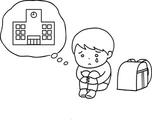 登校が不安な男の子の線画イラスト